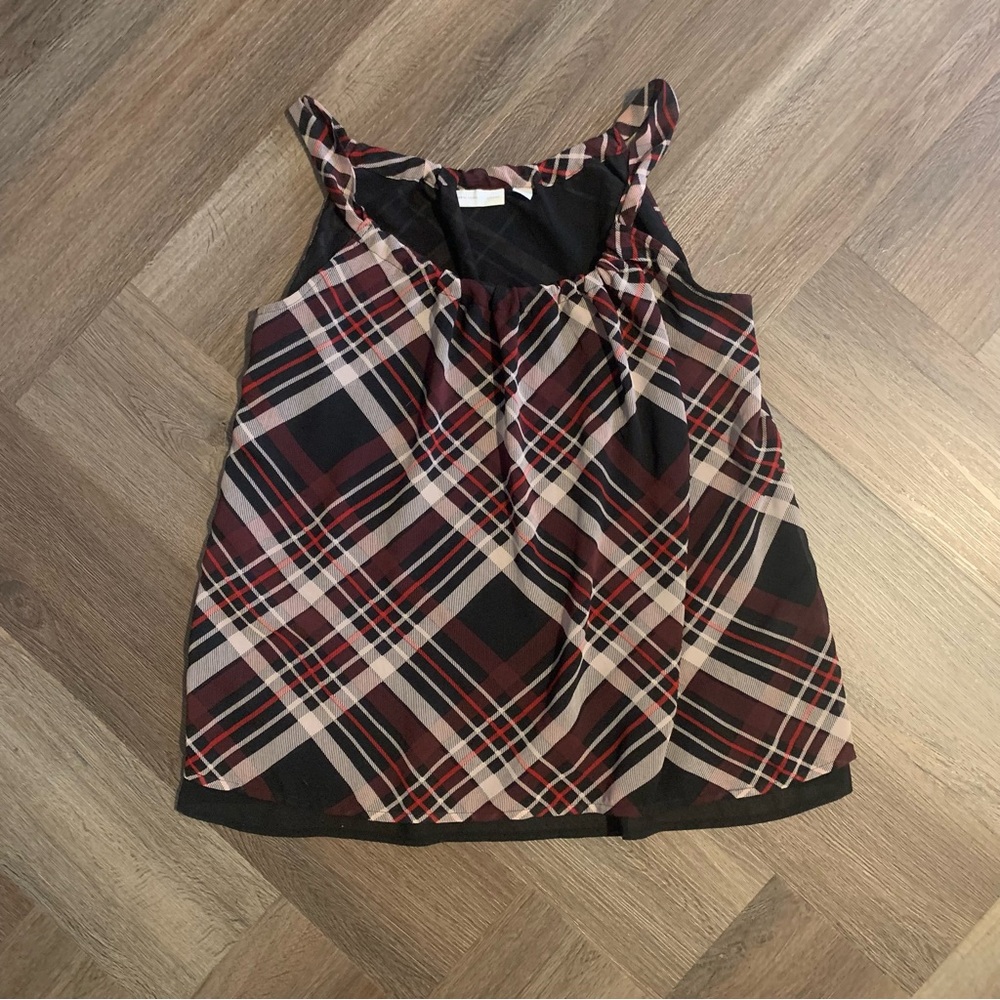 S | NYCO Tartan Blouson Tank | Black Maroon Flowy Layered Gathered Neckline